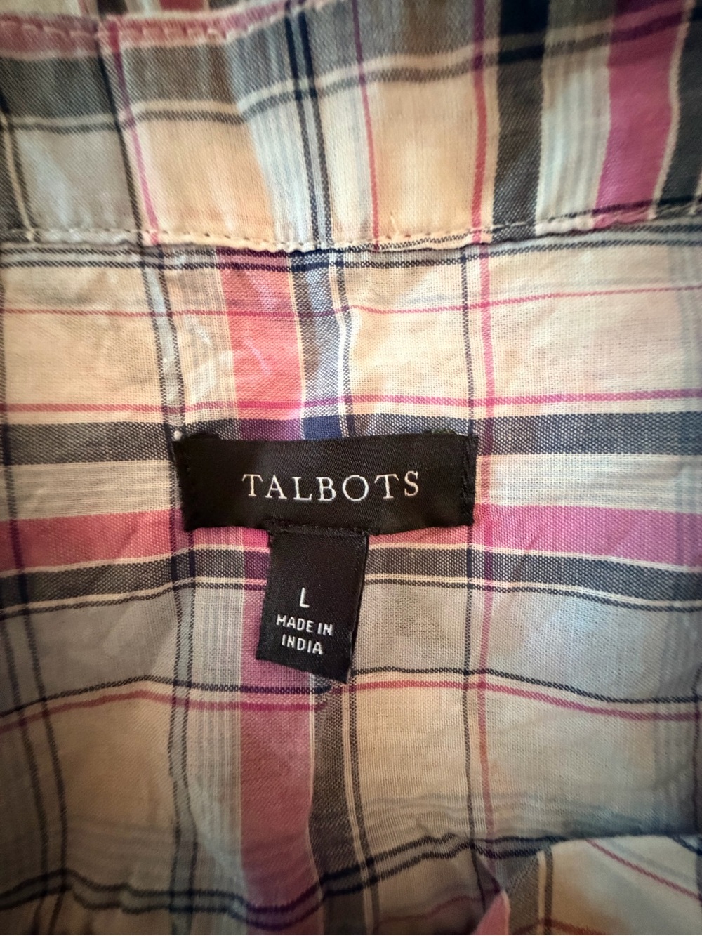 Talbots Plaid Cotton Popover Blouse Pink Blue Long Sleeve L - Picture 4 of 4